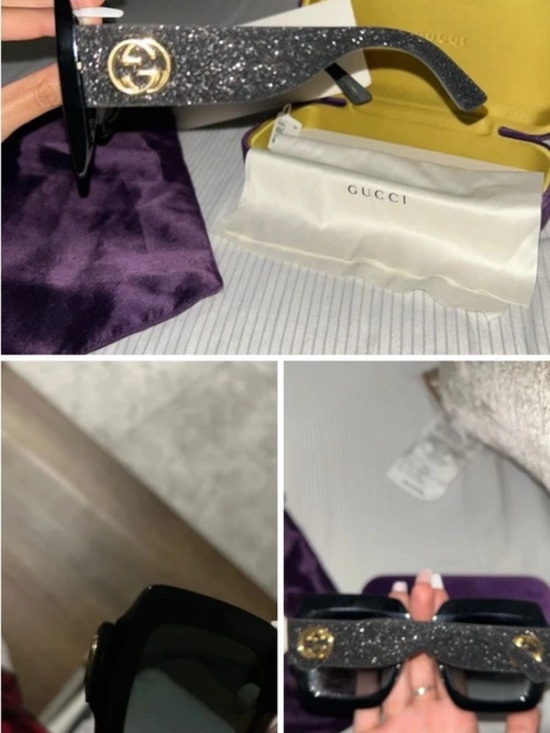 Gucci Black Oversized Square Sunglasses with Purple Soft Pouch and Yellow Case